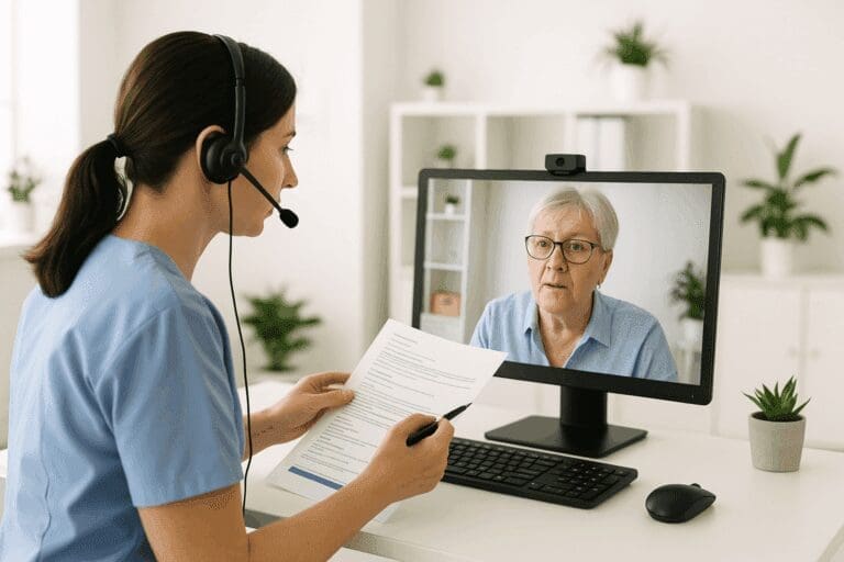 Eine junge Pflegekraft im Videoanruf mit einer &auml;lteren Frau &ndash; digitale N&auml;he, die Vertrauen schafft und auch aus der Ferne unterst&uuml;tzt.