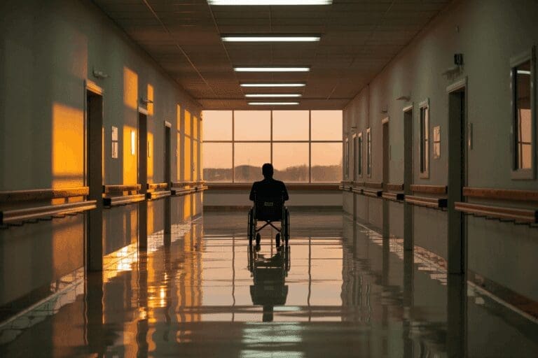 Eine allein sitzende Person im Rollstuhl blickt in einem Krankenhausflur dem Sonnenuntergang entgegen &ndash; ein bewegender Augenblick zwischen Stille, Sehnsucht und dem Wunsch nach N&auml;he.